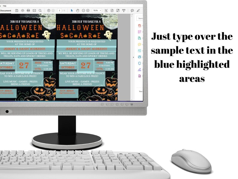 May include: A computer monitor displays a Halloween party invitation. The invitation features a black background with orange pumpkins, ghosts, and the text "Halloween Scare". The invitation includes event details and the text "Wear your costume for a chance to win a fabulous prize!"
