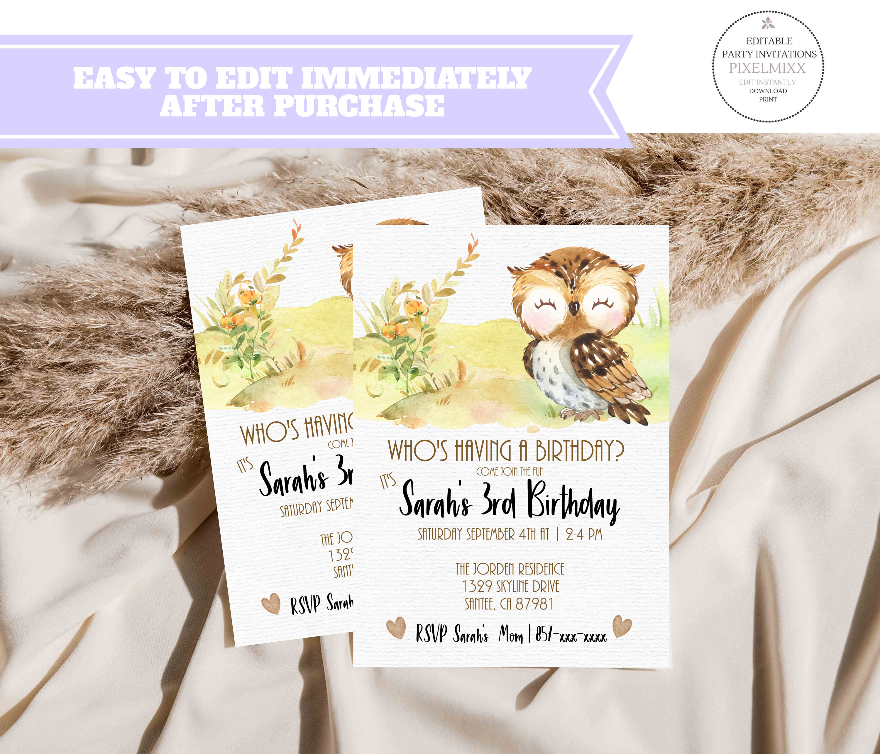 Owl Themed Birthday Party Invitation Template | Edit and Print Instantly |  Can Be Edited to Work for Any Party | Text-email-print | 5 X 7 - Etsy, image size:3000x2571