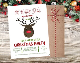 May include: A Christmas party invitation with a cartoon reindeer illustration. The text reads "Oh What Fun We're Gathering The Herd For A Merry Little Christmas Party". The invitation includes the date, time, and location of the party.