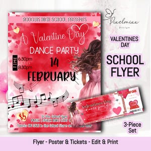 Editable Valentines Day Dance Flyer Set - Includes 8.5x11 Flyer, 16x20 Poster, and Admission Ticket Easy Edit Instant Download, Dance Invite