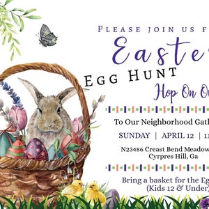 Puede incluir: Una invitaci&oacute;n a una b&uacute;squeda de huevos de Pascua. La invitaci&oacute;n presenta una cesta llena de huevos coloridos, un conejo y una mariposa. El texto dice "Por favor, &uacute;nase a nosotros para una b&uacute;squeda de huevos de Pascua, Hop On Over, Para nuestra reuni&oacute;n de vecindario, Domingo, 12 de abril, 11 AM, N23486 Creast Bend Meadow Park, Cypress Hill, GA, Traiga una cesta para la b&uacute;squeda de huevos (Ni&ntilde;os de 12 a&ntilde;os y menores)"