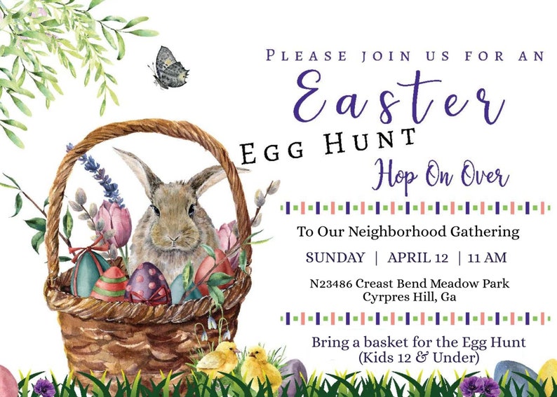 Puede incluir: Una invitaci&oacute;n a una b&uacute;squeda de huevos de Pascua. La invitaci&oacute;n presenta una cesta llena de huevos coloridos, un conejo y una mariposa. El texto dice "Por favor, &uacute;nase a nosotros para una b&uacute;squeda de huevos de Pascua, Hop On Over, Para nuestra reuni&oacute;n de vecindario, Domingo, 12 de abril, 11 AM, N23486 Creast Bend Meadow Park, Cypress Hill, GA, Traiga una cesta para la b&uacute;squeda de huevos (Ni&ntilde;os de 12 a&ntilde;os y menores)"