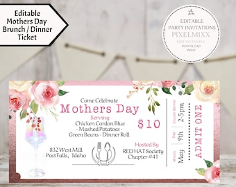Boletos para brunch del Día de la Madre, boletos para brunch floral, plantilla de boletos para celebración del Día de la Madre editable, edite e imprima al instante ¡Sin esperas!