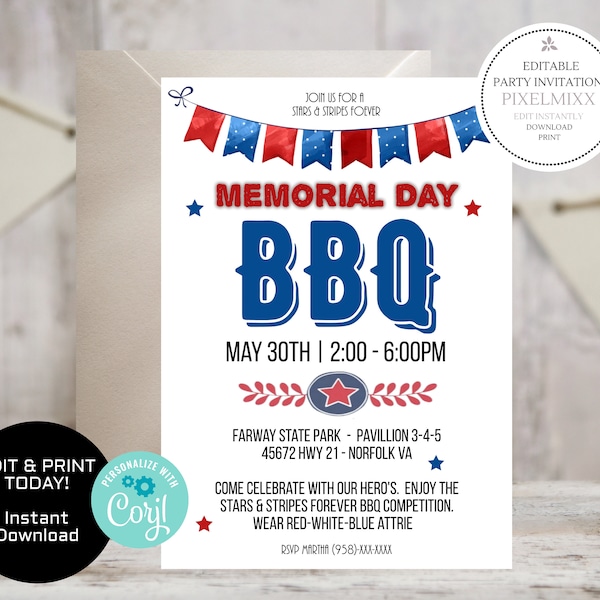 Printable Memorial Day Barbeque Invitation template, Memorial Day Patriotic Invite is Fully Text Editable, Just Edit & Print - No Waiting