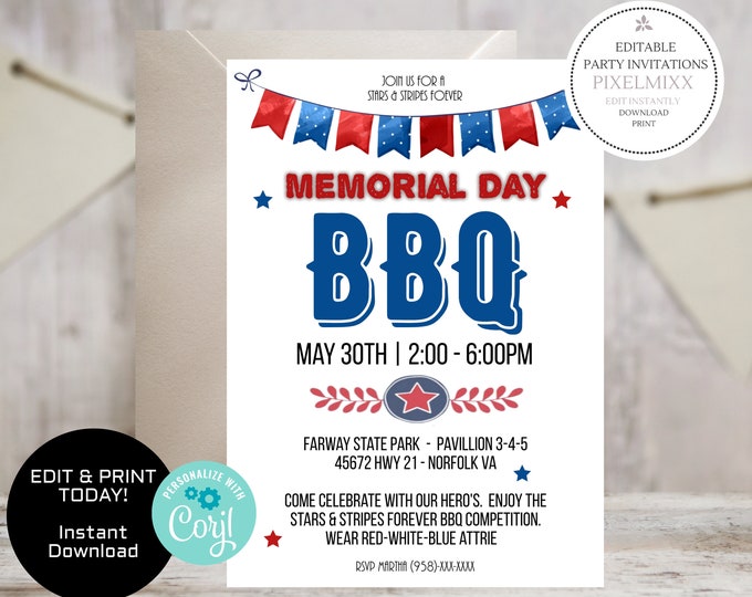 Printable Memorial Day Barbeque Invitation Template Memorial - Etsy
