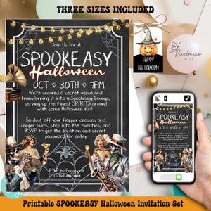 May include: Printable invitation set for a SpookEasy Halloween party. The invitation features a black chalkboard background with gold glitter accents, a spiderweb design, and a vintage illustration of skeletons playing musical instruments. The text on the invitation reads "SpookEasy Halloween" and "Oct 30th 7PM".