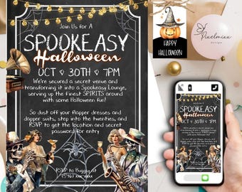 May include: Printable invitation set for a SpookEasy Halloween party. The invitation features a black chalkboard background with gold glitter accents, a spiderweb design, and a vintage illustration of skeletons playing musical instruments. The text on the invitation reads "SpookEasy Halloween" and "Oct 30th 7PM".