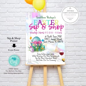 Puede incluir: Un cartel colorido que anuncia un evento de Easter Sip & Shop en South Town Mall. El cartel presenta un fondo pastel con una ilustración de un huevo de Pascua, flores y una copa de vino. El evento está programado para el domingo 17 de abril de 12:00 pm a 5:00 pm. El cartel también incluye la dirección del centro comercial: 218 E Joseph Street, Saint Mainer, IL 61873.
