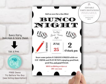 May include: An editable party invitation for a Bunco Night. The invitation features a black and white polka dot background with a red and white dice graphic. The text on the invitation reads "Bunco Night" and includes the date and time of the event. The invitation also includes the text "Let the Good Times Roll".