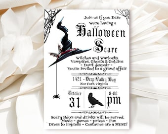 May include: Halloween party invitation with a black witch hat, spiderwebs, and a raven. The invitation text reads "Join us if you Dare We're having a Halloween Scare". Includes date, time, and address.