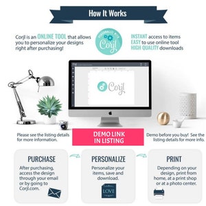 May include: How to use Corjl, an online design tool.  The image shows a computer screen with the Corjl logo, a step-by-step guide to purchasing, personalizing, and printing designs, and a demo link in the listing.