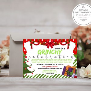 INSTANT DOWNLOAD! Grinchy Christmas Party Invitation,  Party Invites, Instant Download You Personalize Yourself in Corjl, Green Theme Party