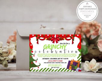 Puede incluir: Una invitación a una fiesta de Navidad roja y verde con temática de Grinch. La invitación dice "Join Us for a Grinchy Celebration".
