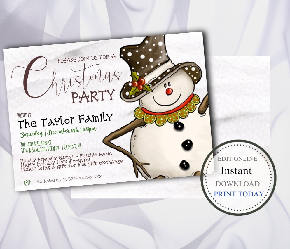 EDITABLE Christmas Party Invitation, Edit and Print This Fun Snowman ...