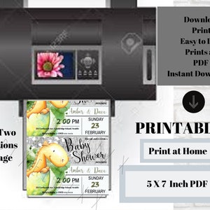 May include: Printable 5x7 inch PDF invitation for a baby shower. The invitation features a cute cartoon dinosaur with green and yellow colors. The text on the invitation says "Baby Shower" and includes the names "Amber & Dave" and the date "Sunday, February 23".