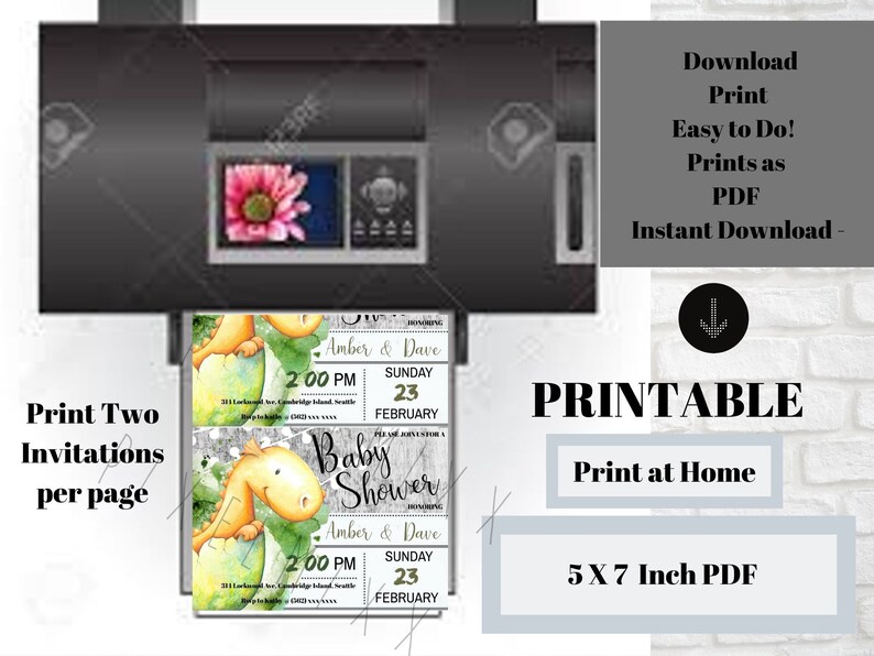 May include: Printable 5x7 inch PDF invitation for a baby shower. The invitation features a cute cartoon dinosaur with green and yellow colors. The text on the invitation says "Baby Shower" and includes the names "Amber & Dave" and the date "Sunday, February 23".