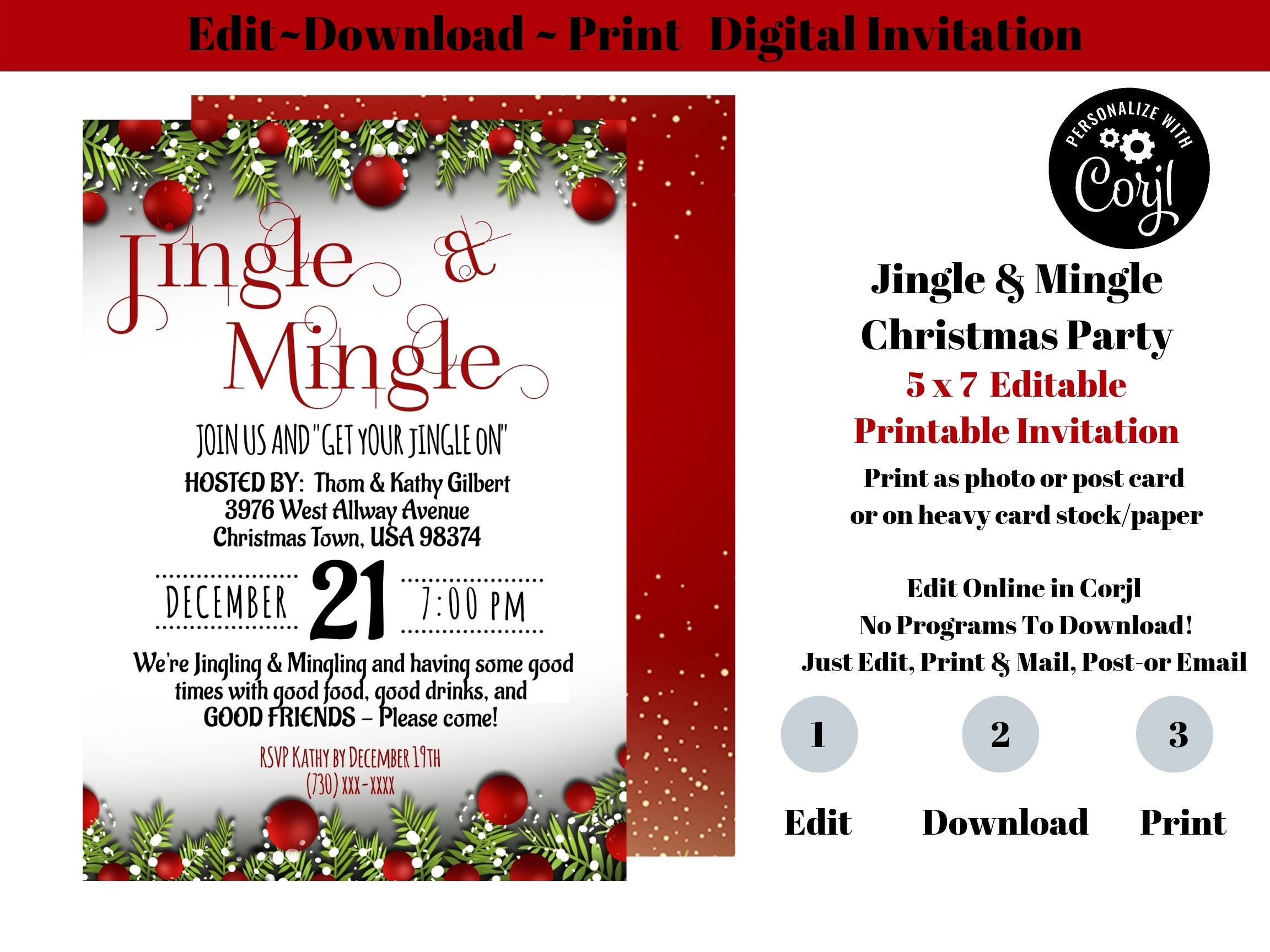 Christmas Party Invitation Holiday Party Jingle and Mingle Red and ...