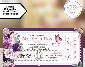 Boletos para celebración del Día de la Madre, boletos para brunch floral, plantilla de boletos para brunch del Día de la Madre editable, edite e imprima al instante ¡Sin esperas!