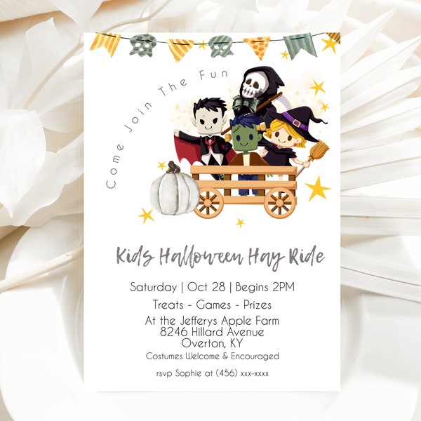 EDITABLE Kids-Halloween-Party Invitation Flyer, Halloween Hay Rides Party Invite, Edit and Print Instant Download, Edit Now - No Waiting!