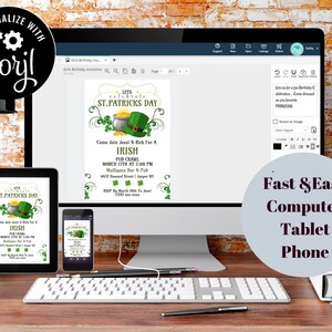 May include: A digital invitation for a St. Patrick's Day pub crawl, displayed on a computer, tablet, and phone. The design features a green hat, gold coins, and shamrocks. Text includes "Let's Celebrate St. Patrick's Day" and event details.
