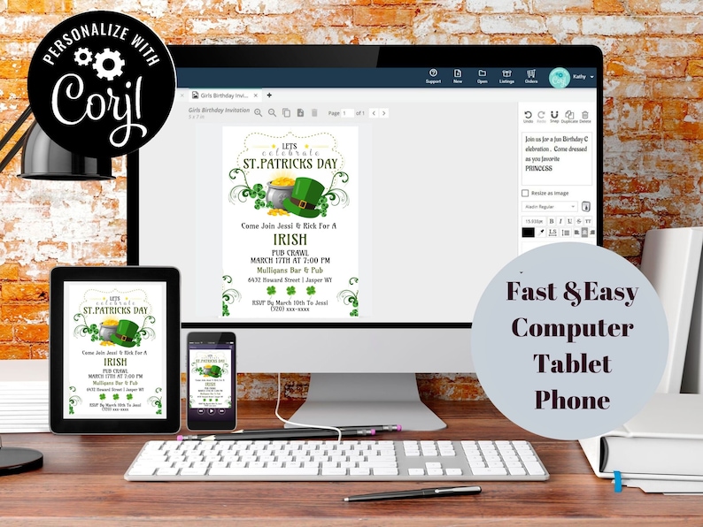 May include: A digital invitation for a St. Patrick's Day pub crawl, displayed on a computer, tablet, and phone. The design features a green hat, gold coins, and shamrocks. Text includes "Let's Celebrate St. Patrick's Day" and event details.