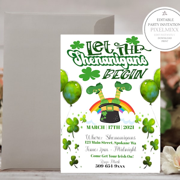 St Patrick's Day Party Invitation, Instant Download Invite, Printable Invitation, Shamrock Party, Luck Of The Irish Party, Edit & Print Now!