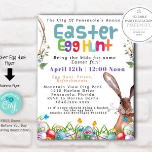 Puede incluir: Una invitación a una búsqueda de huevos de Pascua en Pensacola, Florida. La invitación presenta un diseño de huevo de Pascua colorido con un conejo y el texto "The City of Pensacola's Annual Easter Egg Hunt". El evento está programado para el 12 de abril a las 12:00 del mediodía en Mountain View City Park.