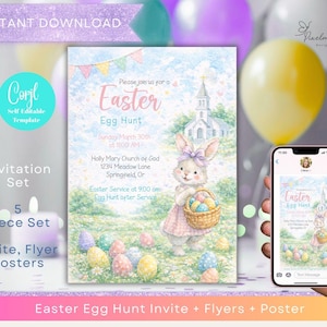 Op de afbeelding: Een paas-thema uitnodigingsset met een aquarelontwerp. De uitnodiging toont een konijn met een mandje eieren, een kerk en de tekst "Paaseierenjacht". De set bevat uitnodigingen, flyers en posters.