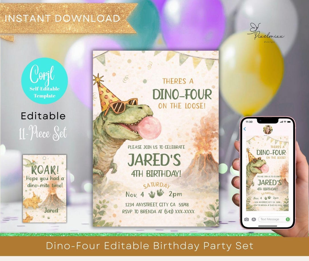 Editable Dinosaur Birthday Invitation Bundle Dino Four Party ...