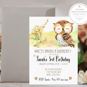 Owl Themed Birthday Party Invitation Template | Edit and Print Instantly |  Can Be Edited To Work For Any Party |  Text-Email-Print | 5 x 7