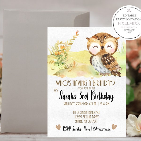 Owl Themed Birthday Party Invitation Template | Edit and Print Instantly |  Can Be Edited To Work For Any Party |  Text-Email-Print | 5 x 7