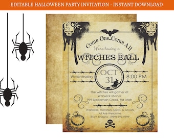 Plantilla de invitación de Halloween editable, invitación vintage para fiesta de Halloween, invitación imprimible para adultos, invitación gótica, descarga instantánea