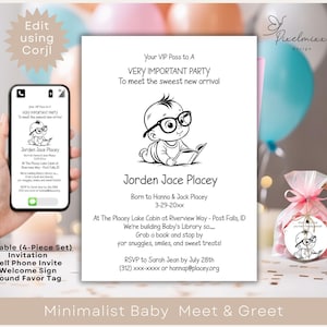 Minimalistische Baby Meet Greet-uitnodiging VIP-babyshowersuite afdrukbare poster Favor Tag Corjl-sjabloon bewerkbaar modern boekthema