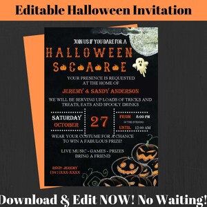 May include: A Halloween invitation with a black background and orange accents. The invitation includes the text "Halloween Scare," details for the event, and a call to action to download and edit. The design features pumpkins and a ghost.