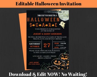 Halloween Party Invitation, Spooky Party Invite, Editable Invitation Template, Printable, Digital Download, EDIT & PRINT NOW No Waiting! 09Z