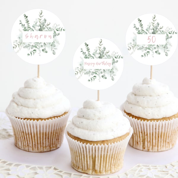 Cupcake & Cake Toppers, Custom DIY Editable Cupcake Toppers, Personalized Eucalyptus, Instant Download Printable Party Picks, Edit Now!