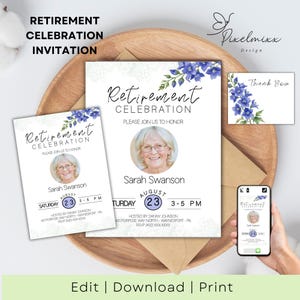 Bewerkbare flyer voor pensioenfeest en uitnodiging direct downloaden Floral Ladies Party Invite Pensioenuitnodiging met fotohouder Corjl-sjabloon