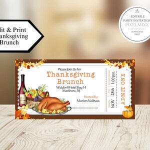 Thanksgiving Day Brunch Tickets, sofort bearbeiten und drucken, Drucke auf 8,5 x 11 Zoll Papier, 1 oder 6 pro Seite drucken, an Social Media oder Text senden