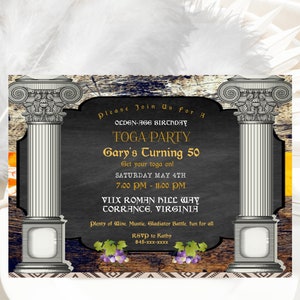 Toga Party Invitation, Greek/Roman Party Invitation Template Invite, Instantly Edit Online In Corjl, Download & Print, Edit Now-NO WAITING!