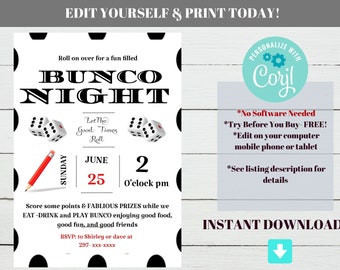 May include: A printable invitation for a Bunco night. The invitation is black and white with red accents and features dice, a pencil, and the text "Bunco Night". The invitation is personalised with the text "Coril" and includes the date and time of the event.