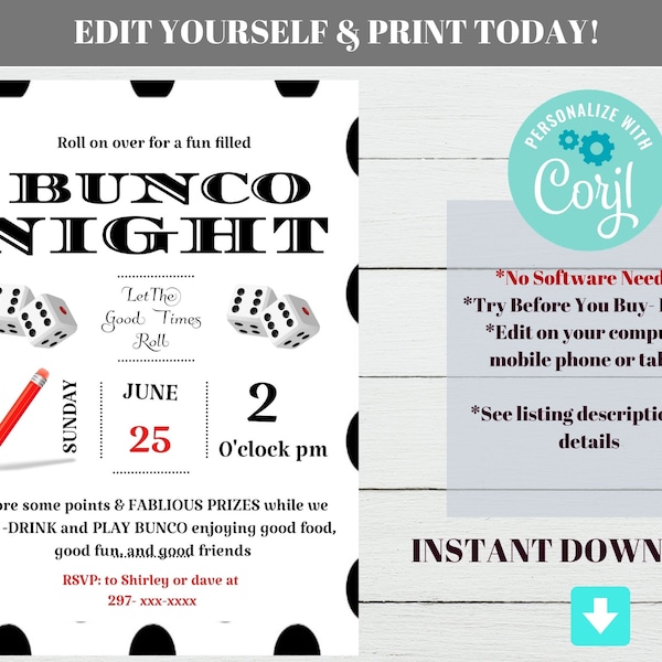 Printable Bunco Invitation With FREE Bunco Score Sheet, Bunco Party,  Girls Night Out, Editable Template. Dice Games - No Waiting!  11Z
