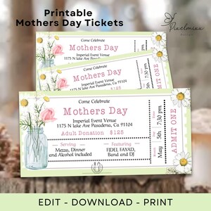 May include: Three printable tickets for a Mothers Day event. The tickets are green and white with a floral design. The text on the tickets reads "Come Celebrate Mothers Day" and includes the event venue, date, time, and price. The tickets also include information about the event, such as the adult donation, serving, and featuring.