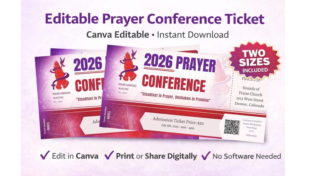 Prayer Conference Ticket Template Editable Canva Church Event Ticket ...