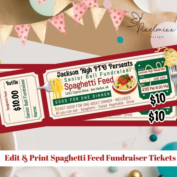 EDITABLE Ticket Template School Fundraiser Tickets Spaghetti Feed Fundraiser Dance or Sports Fundraiser Event Tickets Easy Edit & Print