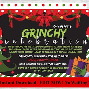 INSTANT DOWNLOAD! Grinchy Christmas Party Invitation,  Party Invites, Instant Download You Personalize Yourself, Green Theme Party