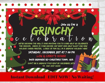 INSTANT DOWNLOAD! Grinchy Christmas Party Invitation,  Party Invites, Instant Download You Personalize Yourself, Green Theme Party