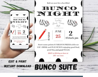 May include: Printable invitation for a Bunco night party. The invitation is black and white with red accents and features dice, a pencil, and the text "Bunco Night". The date is 25th June at 2 o'clock pm. The invitation also includes the text "Let the Good Times Roll" and "Bunco Suite".