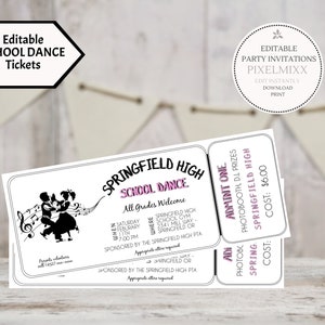 Editable Tickets, School Dance Tickets, Edit and Print Ticket Template, Printable PDF Tickets, Edit and Print Now - No Waiting!