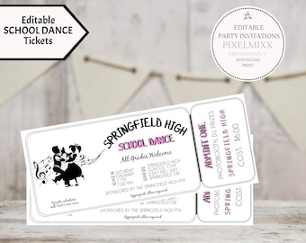 Editable Tickets, School Dance Tickets, Edit and Print Ticket Template, Printable PDF Tickets, Edit and Print Now - No Waiting!