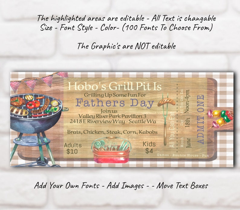 Editable Fathers Day Ticket Fathers Day BBQ Event Tickets Etsy